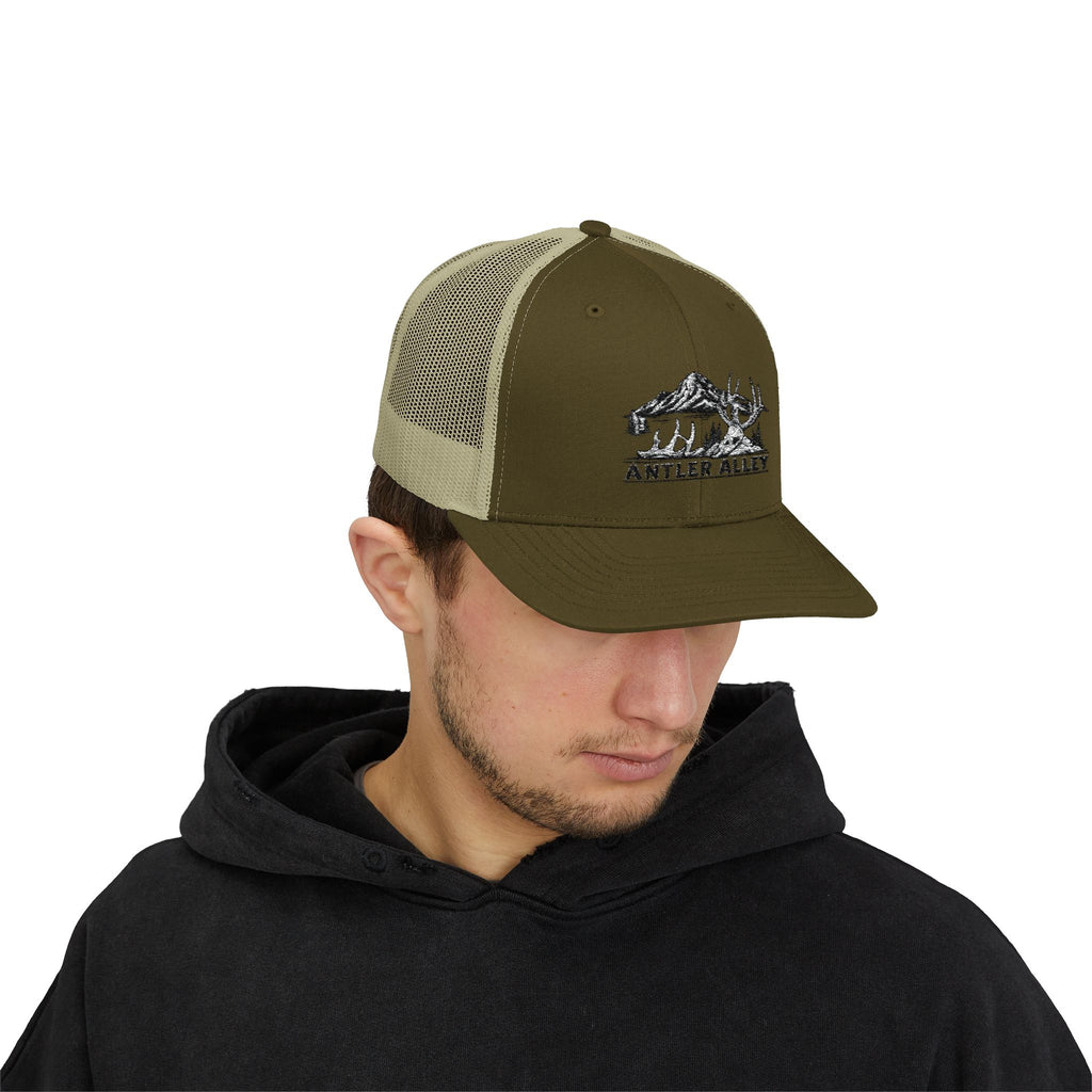 Antler Alley deer and mountain logo Snapback Cap | Trucker hat