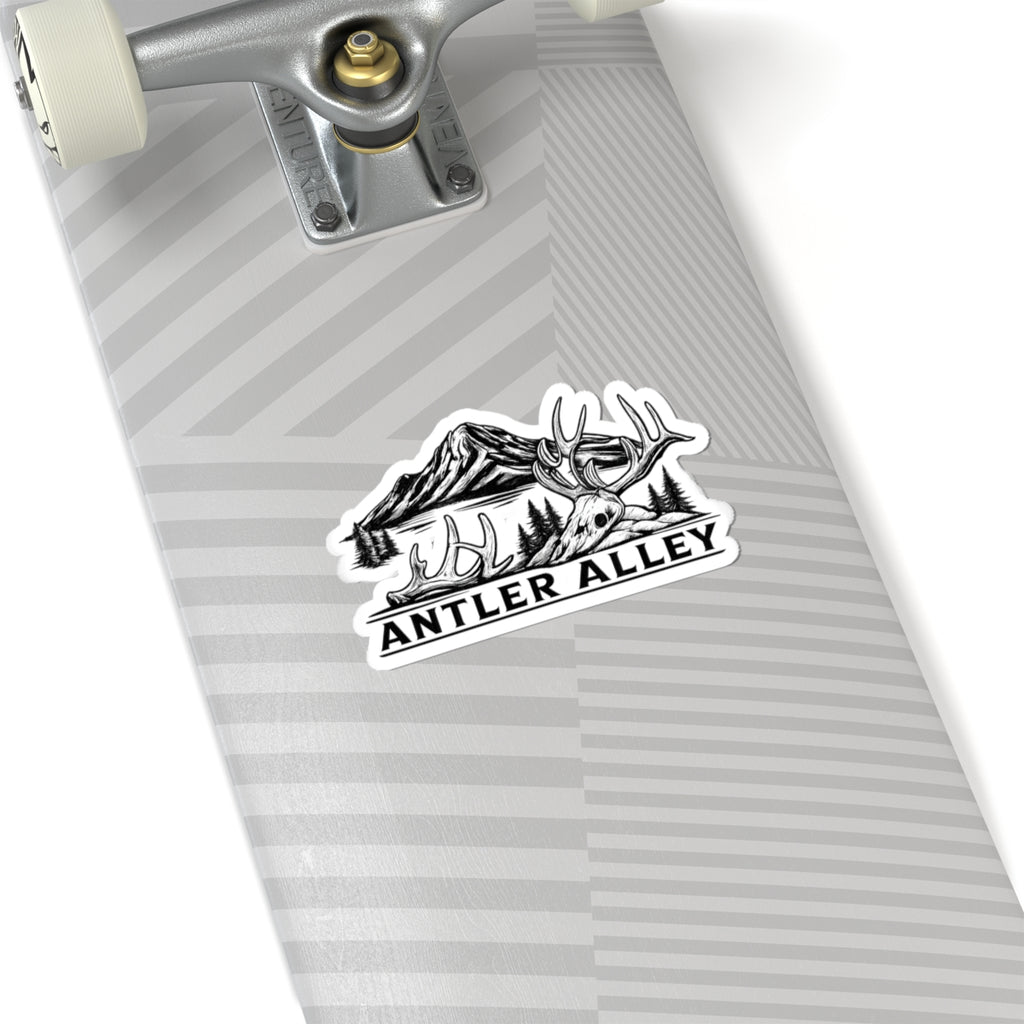 Antler Alley Outdoor Sticker — Mountain & Deer Skull Kiss-Cut Vinyl