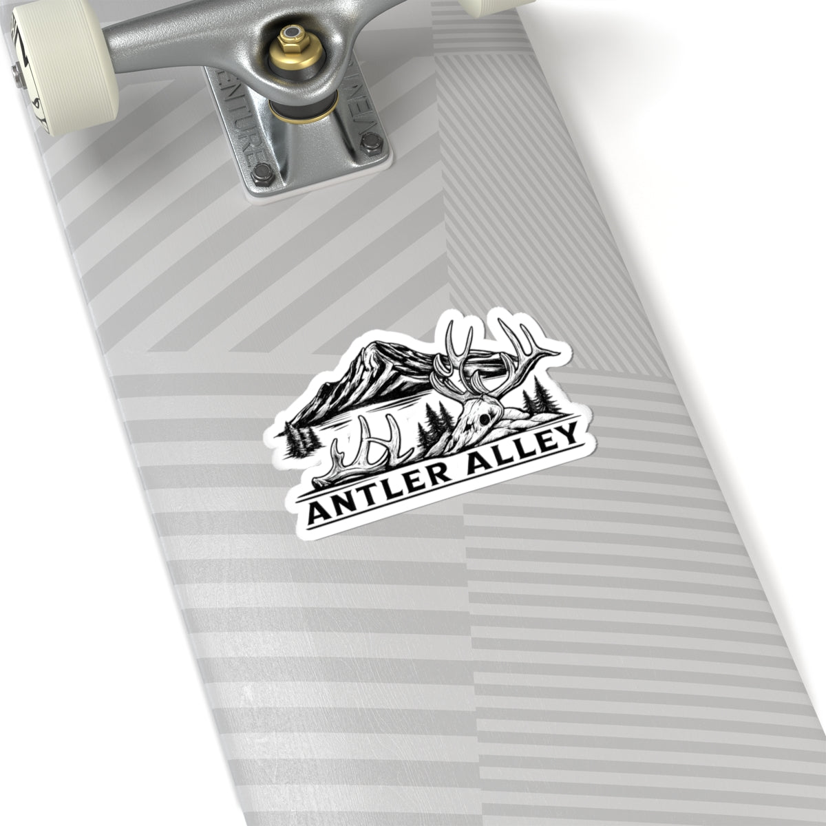 Antler Alley Outdoor Sticker — Mountain & Deer Skull Kiss-Cut Vinyl