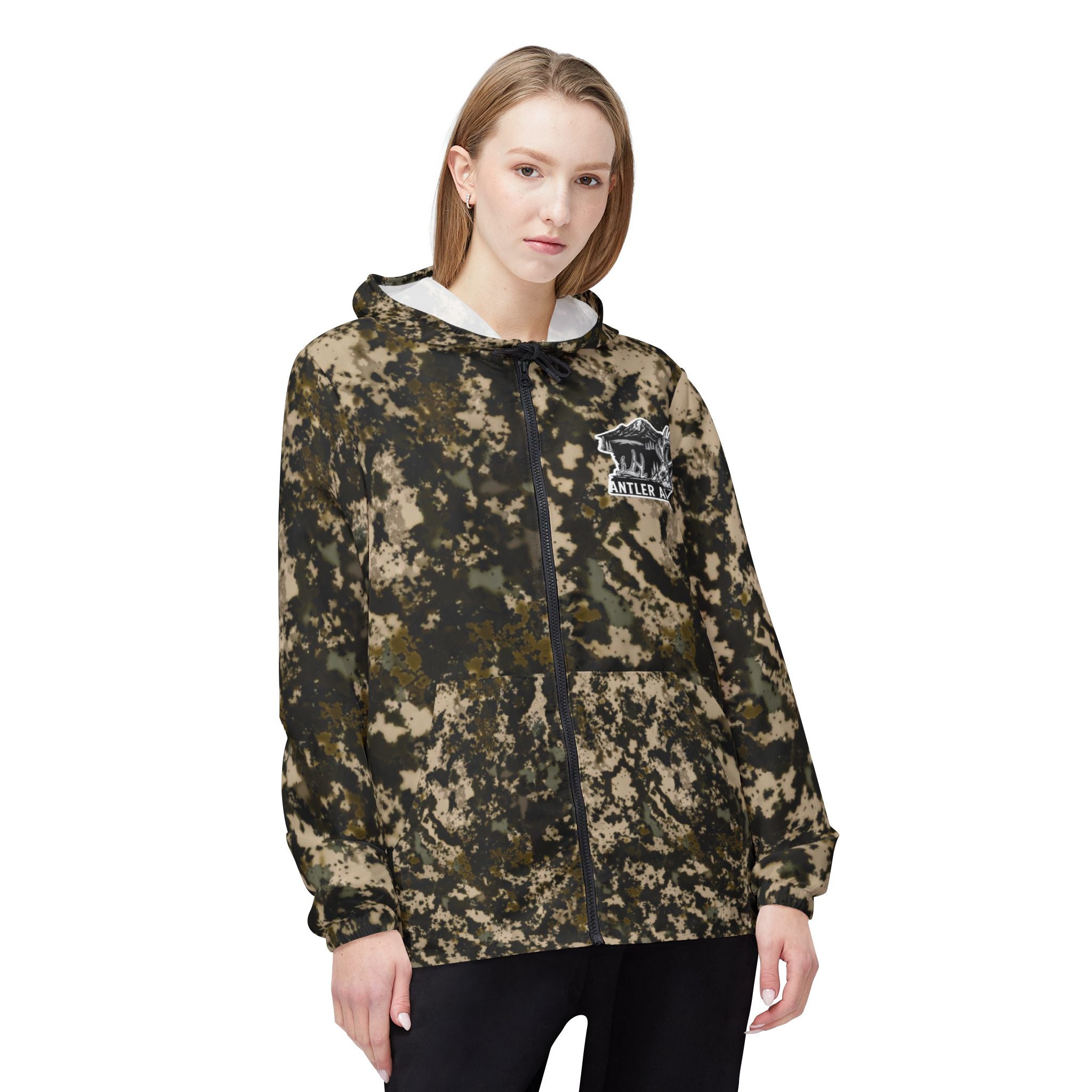 Camo Windbreaker Jacket — All-Over Print Lightweight Hooded Shell