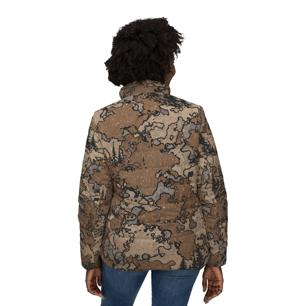 Camo Terrain Women’s Puffer Jacket — Brown Woodland All-Over Print
