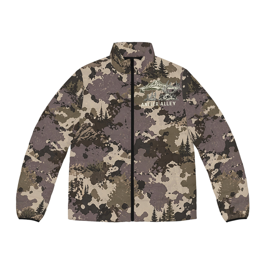 Camo Puffer Jacket — 'Antler Alley' All-Over Print Outdoor Coat
