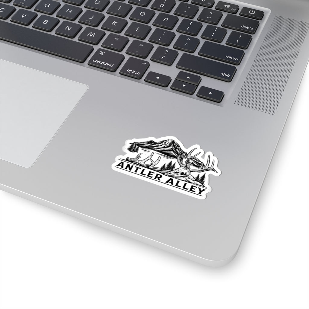 Antler Alley Outdoor Sticker — Mountain & Deer Skull Kiss-Cut Vinyl