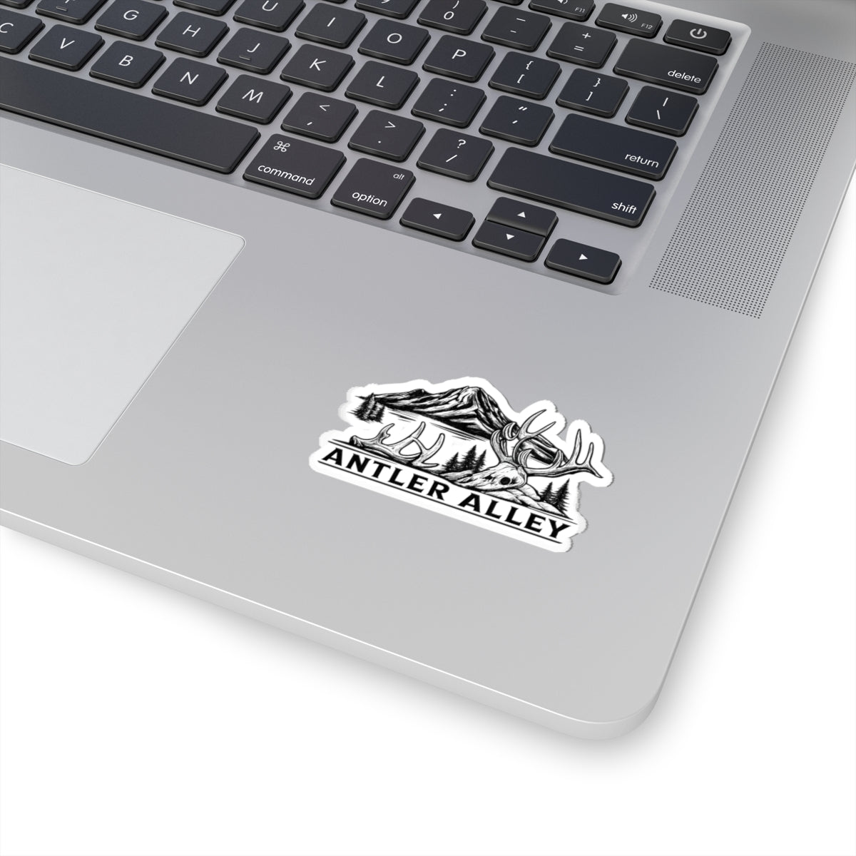 Antler Alley Outdoor Sticker — Mountain & Deer Skull Kiss-Cut Vinyl