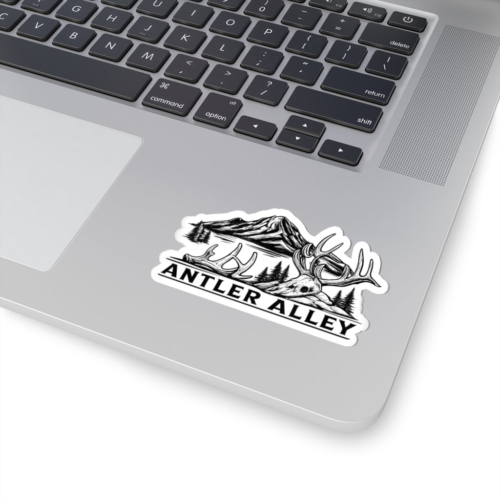 Antler Alley Outdoor Sticker — Mountain & Deer Skull Kiss-Cut Vinyl