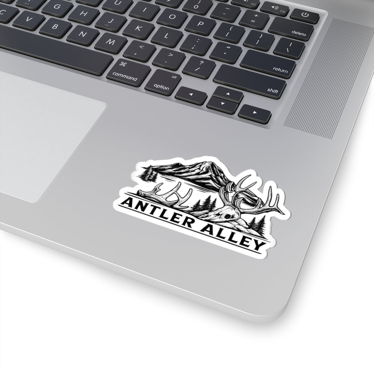 Antler Alley Outdoor Sticker — Mountain & Deer Skull Kiss-Cut Vinyl