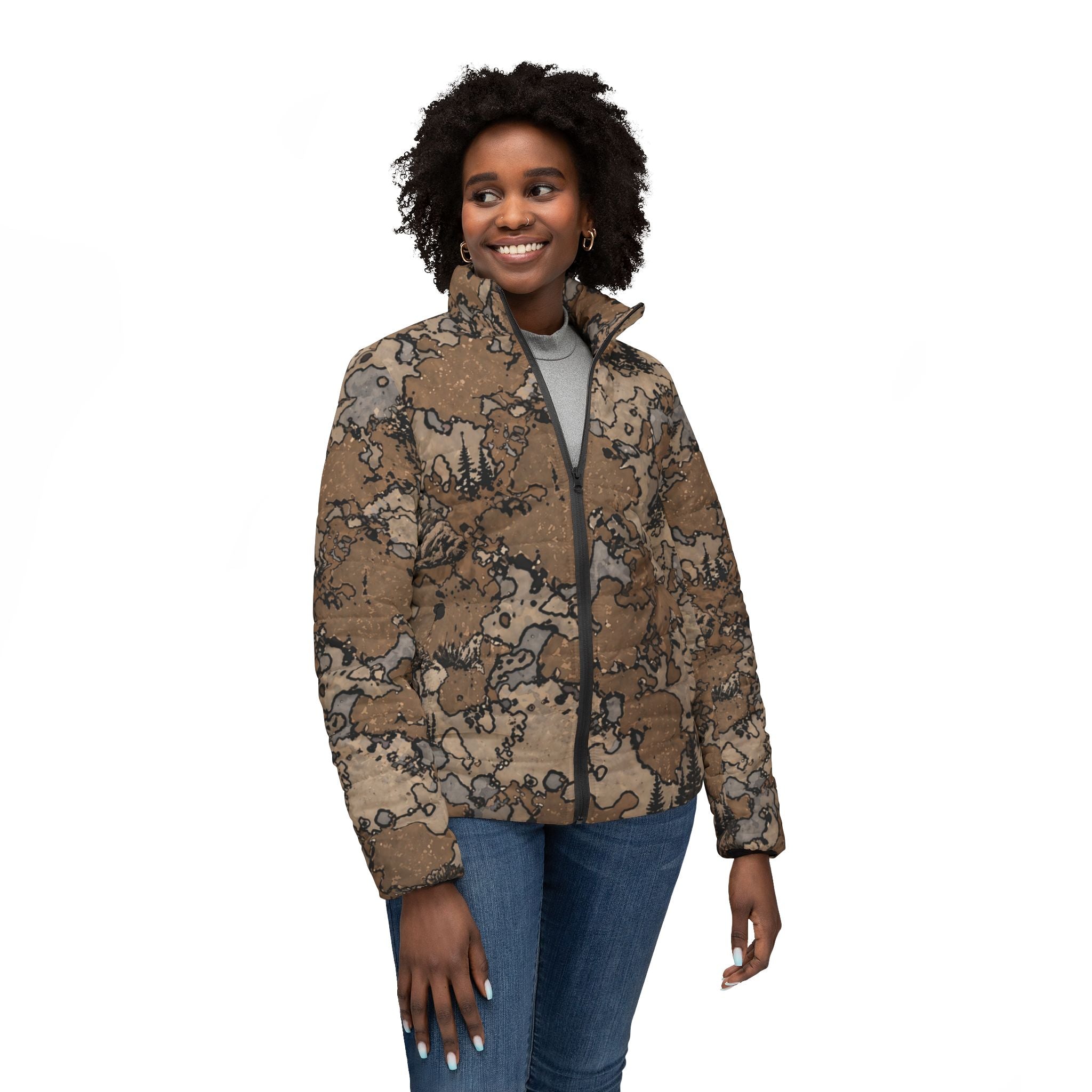 Camo Terrain Women’s Puffer Jacket — Brown Woodland All-Over Print