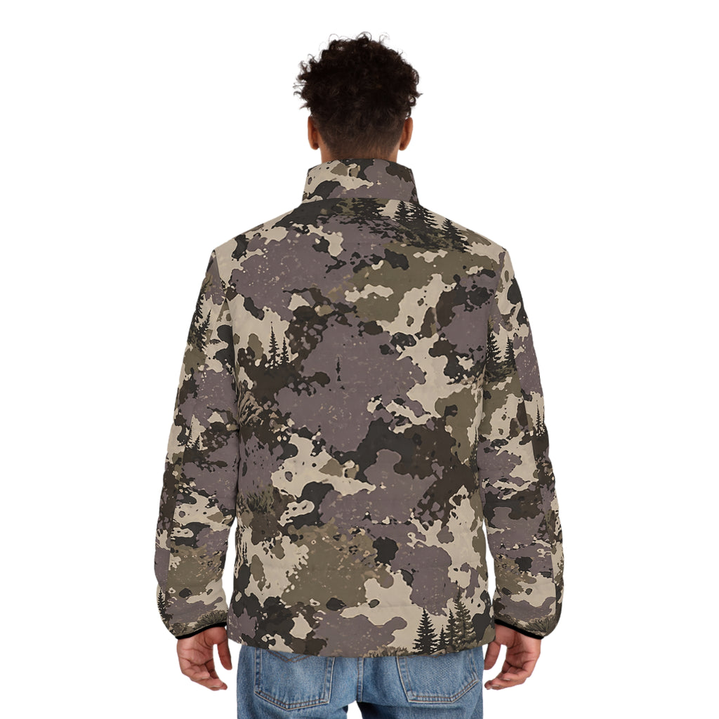 Camo Puffer Jacket — 'Antler Alley' All-Over Print Outdoor Coat