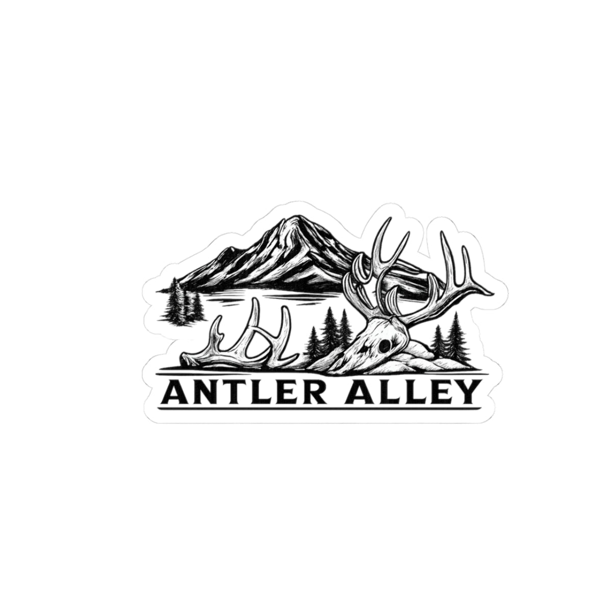 Antler Alley Outdoor Sticker — Mountain & Deer Skull Kiss-Cut Vinyl