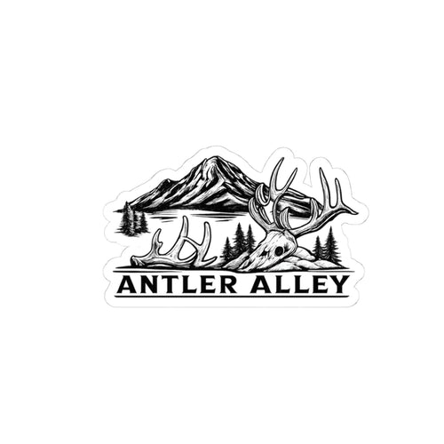 Antler Alley Outdoor Sticker — Mountain & Deer Skull Kiss-Cut Vinyl