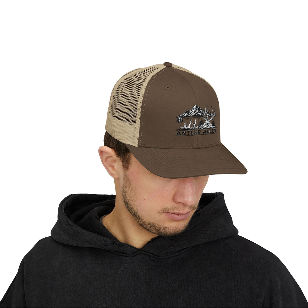 Antler Alley deer and mountain logo Snapback Cap | Trucker hat