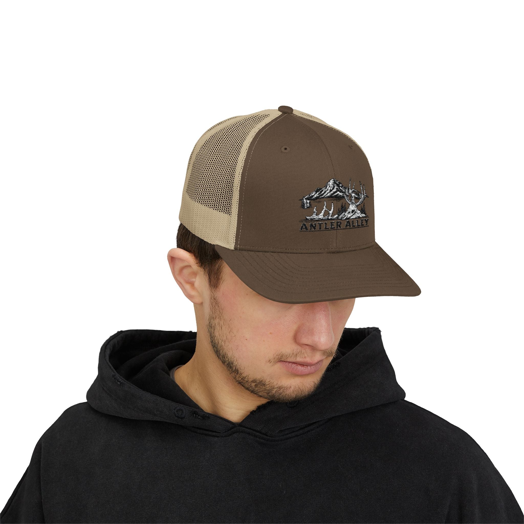 Antler Alley deer and mountain logo Snapback Cap | Trucker hat