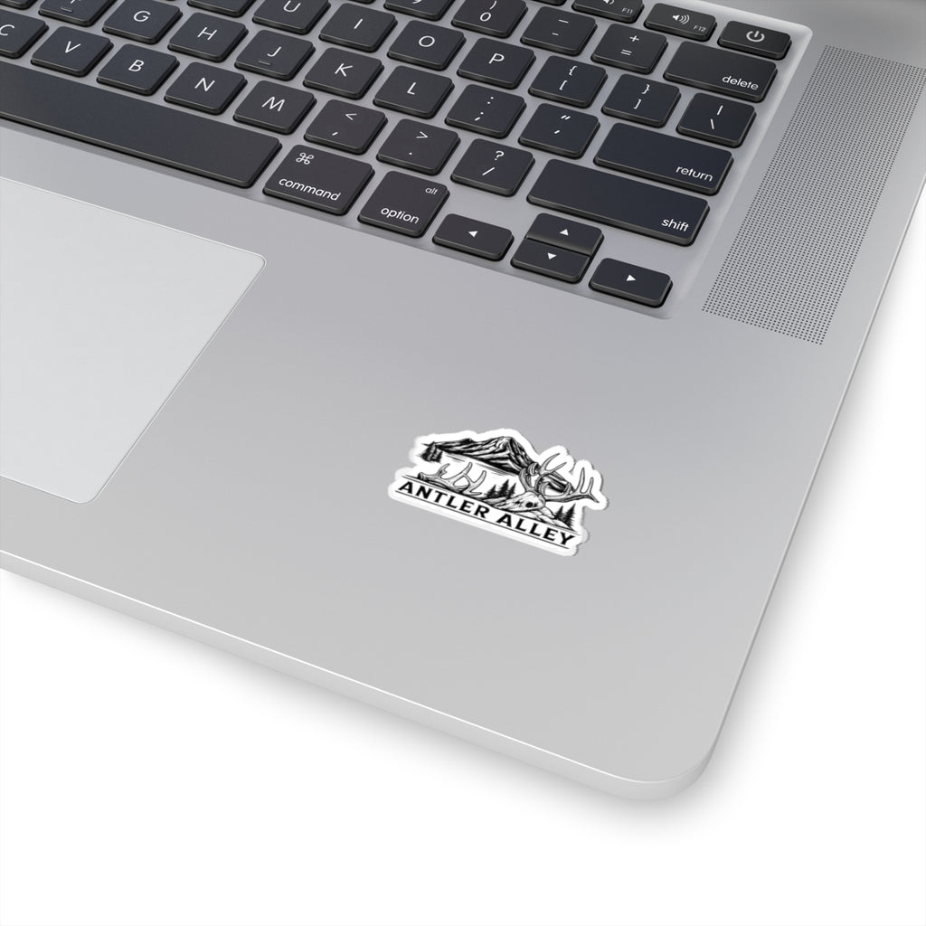 Antler Alley Outdoor Sticker — Mountain & Deer Skull Kiss-Cut Vinyl