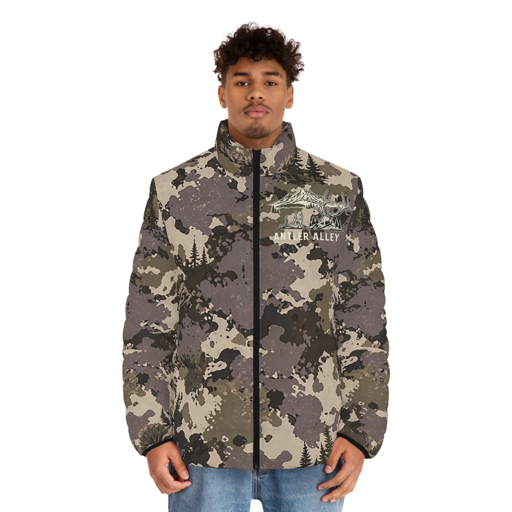 Camo Puffer Jacket — 'Antler Alley' All-Over Print Outdoor Coat