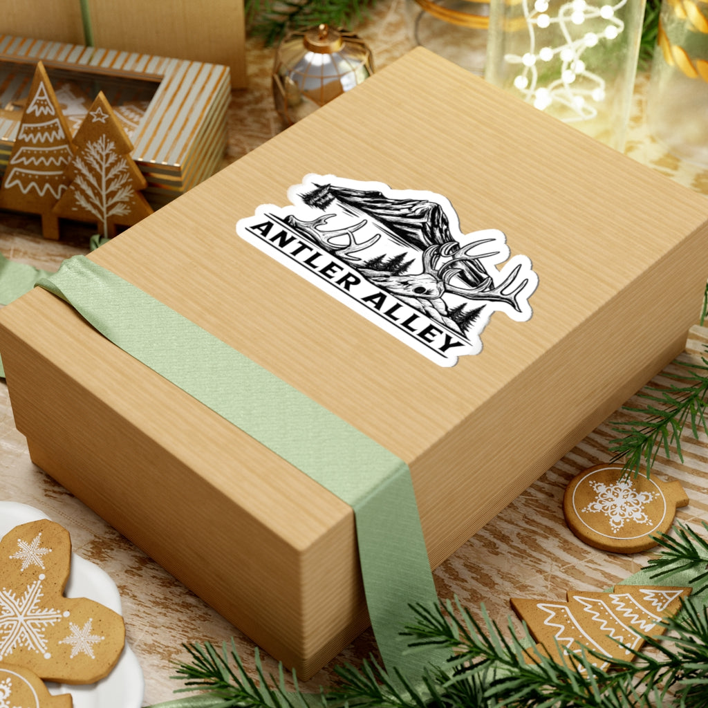 Antler Alley Outdoor Sticker — Mountain & Deer Skull Kiss-Cut Vinyl